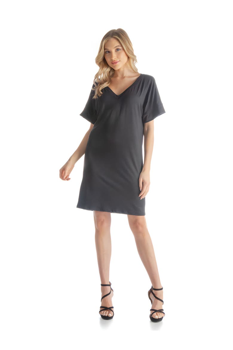 Solid Color Loose Fit V-Neck T Shirt Style Knee Length Dress