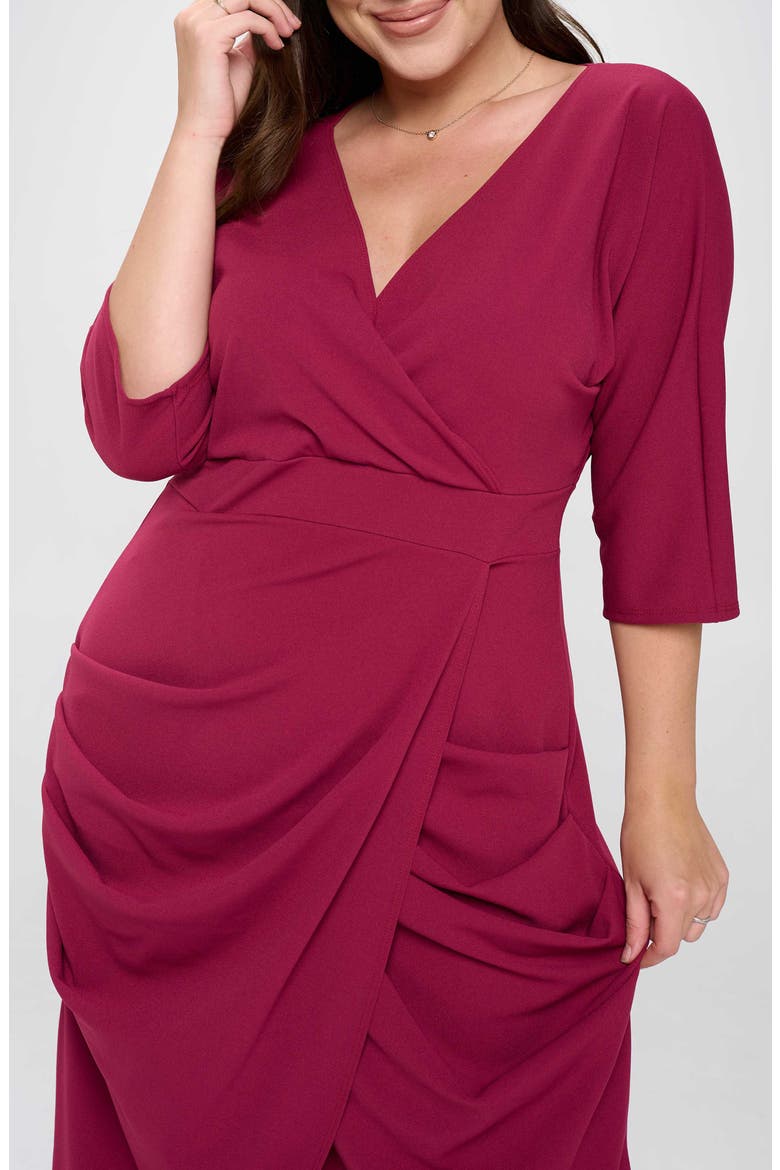 Dolman Elbow Sleeve Stretch Faux Wrap Maxi Dress