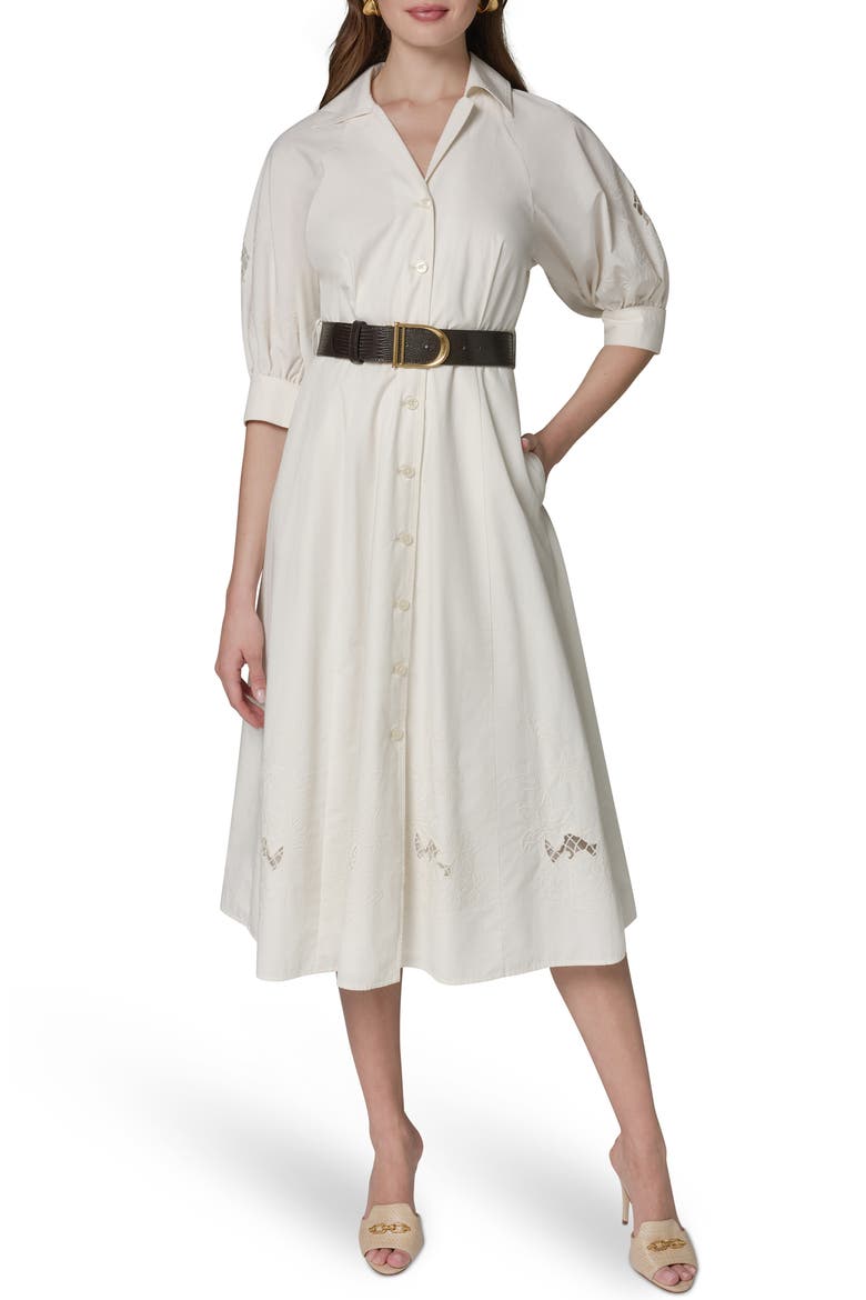 Embroidered Puff Sleeve Belted Cotton Shirtdress