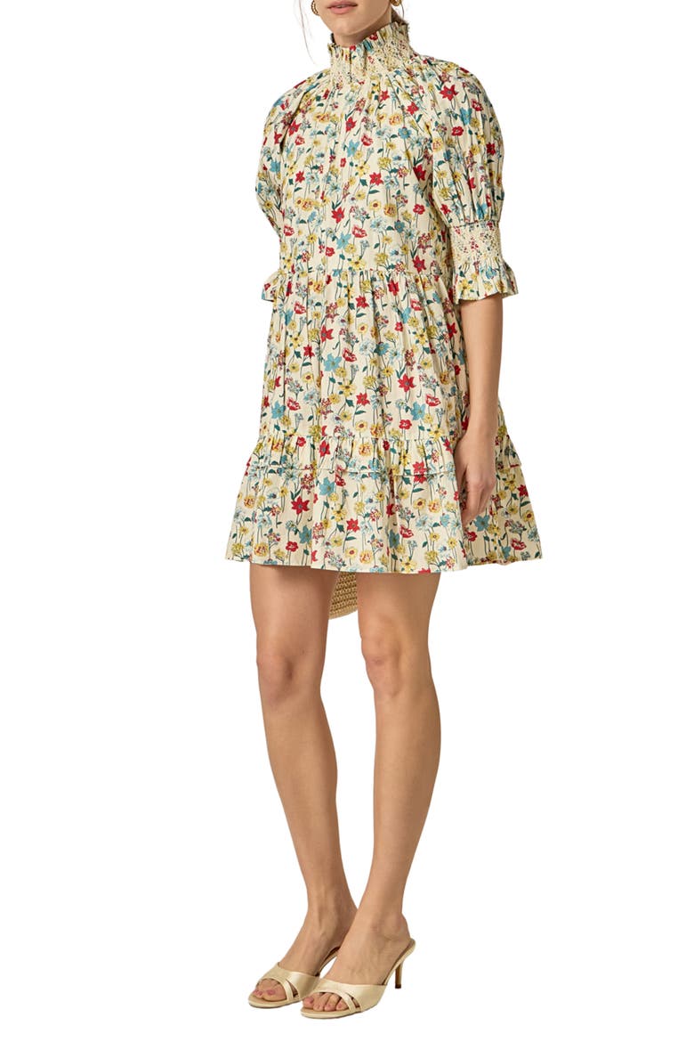 Print Smocked Puff Sleeve Minidress