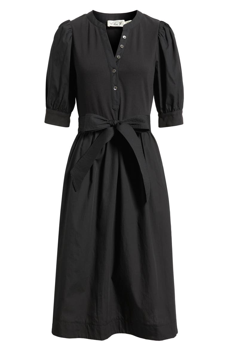 Twofer Mixed Media Belted Midi Dress