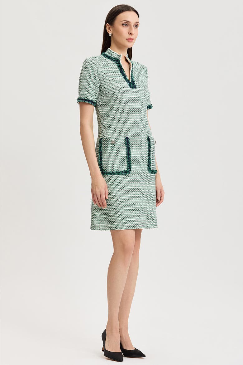 Fringe Trim Jacquard Basketweave Knit Sheath Dress