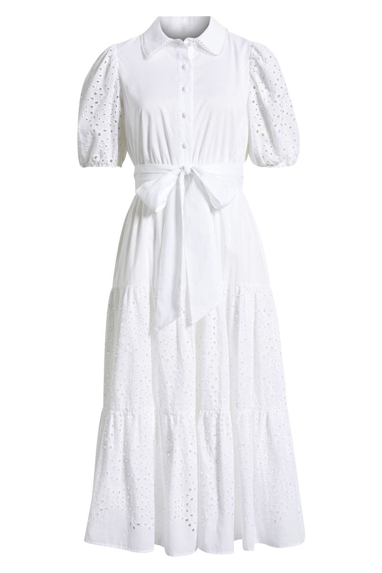 Eyelet Tie Waist Puff Sleeve Midi Dress