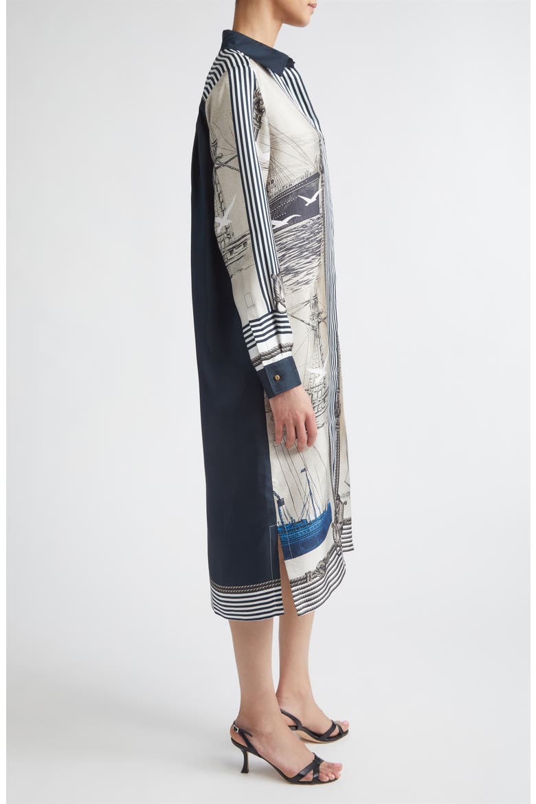 Mariner Print Long Sleeve Silk Midi Shirtdress