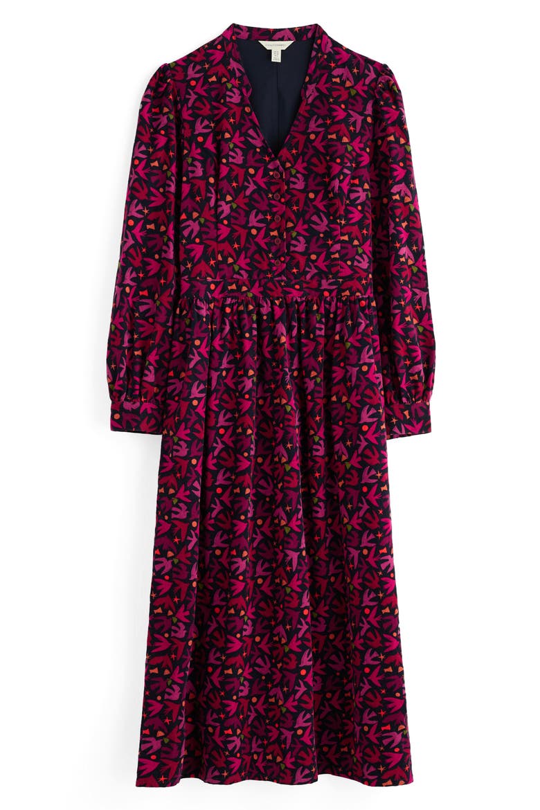 Rose Cottage Bird Print Long Sleeve Cotton Corduroy Midi Dress