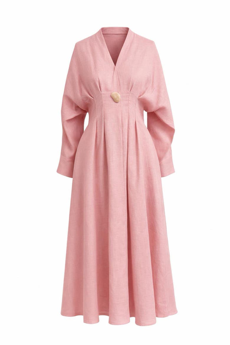 Garlyn Slim V Neck Long Sleeve Linen Midi Dress