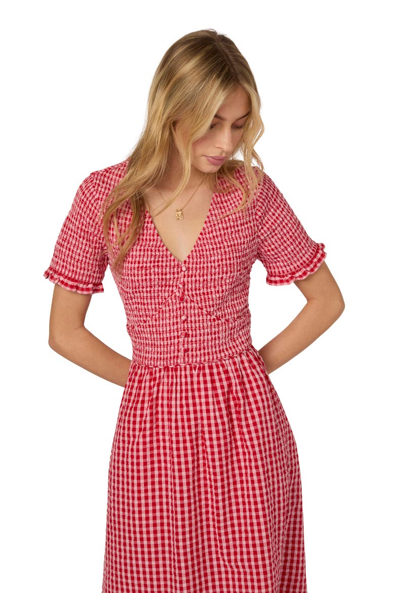 Eliza Gingham Smocked Bodice Organic Cotton Seersucker Midi Dress