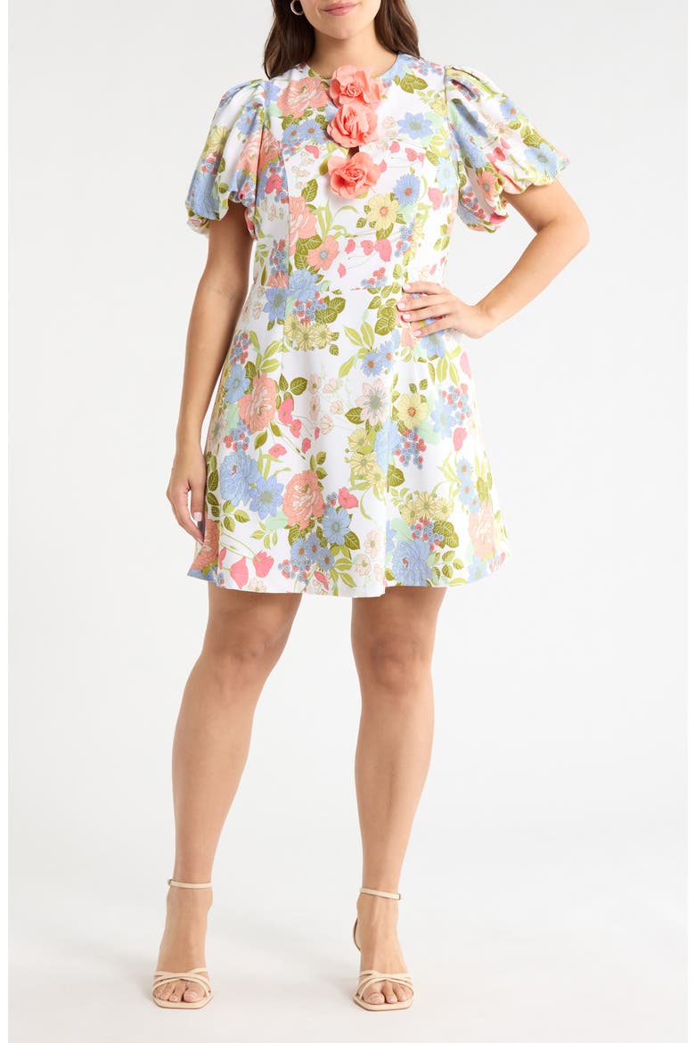 Floral Rosette Puff Sleeve Minidress