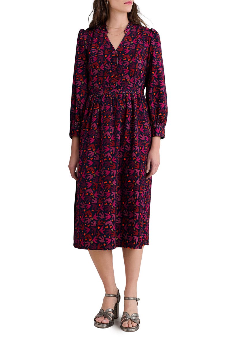 Rose Cottage Bird Print Long Sleeve Cotton Corduroy Midi Dress