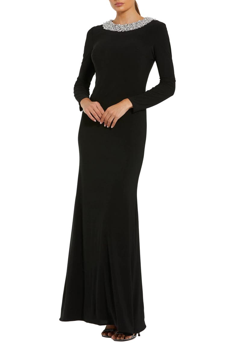 Jersey Long Sleeve Fitted Gown With Beaded Neck