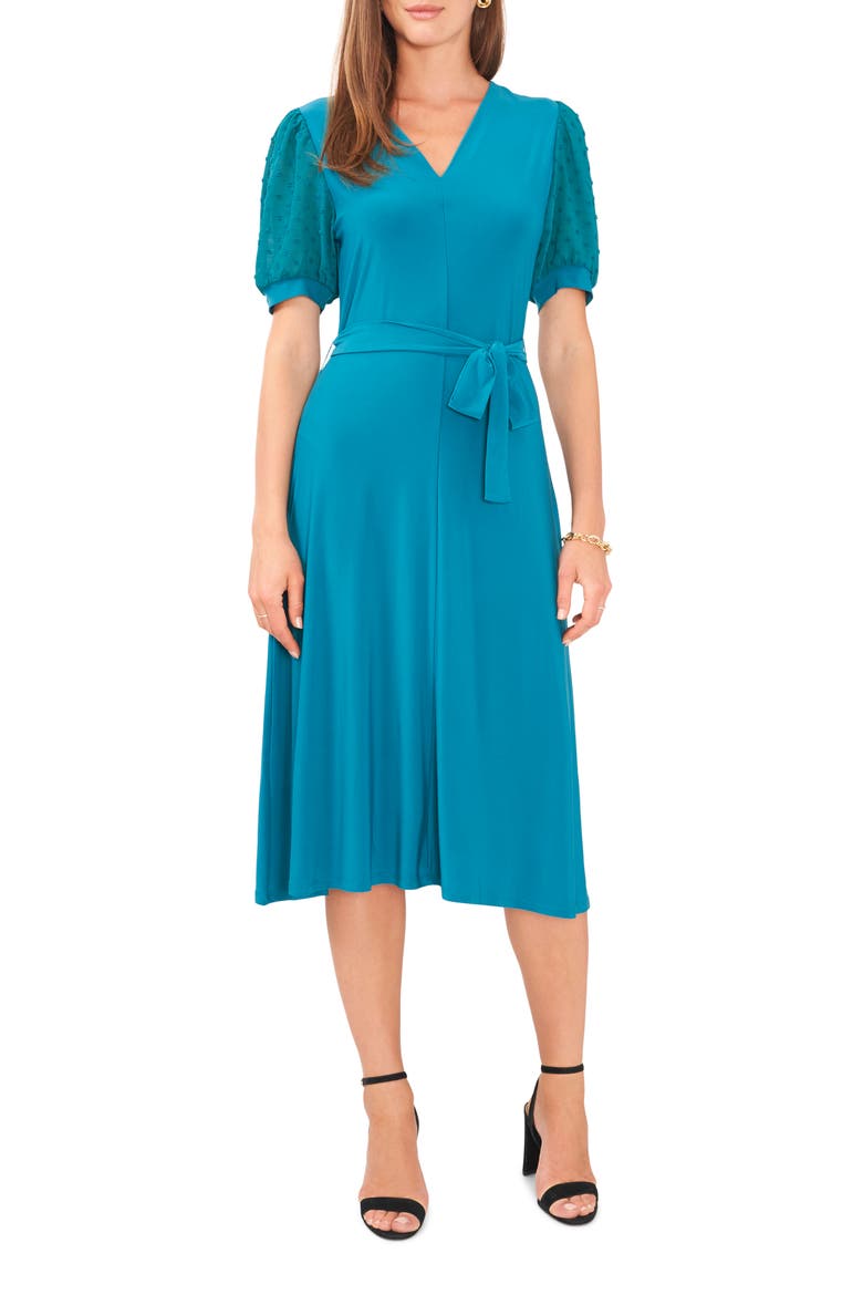 Clip Dot Puff Sleeve Tie Front Midi Dress