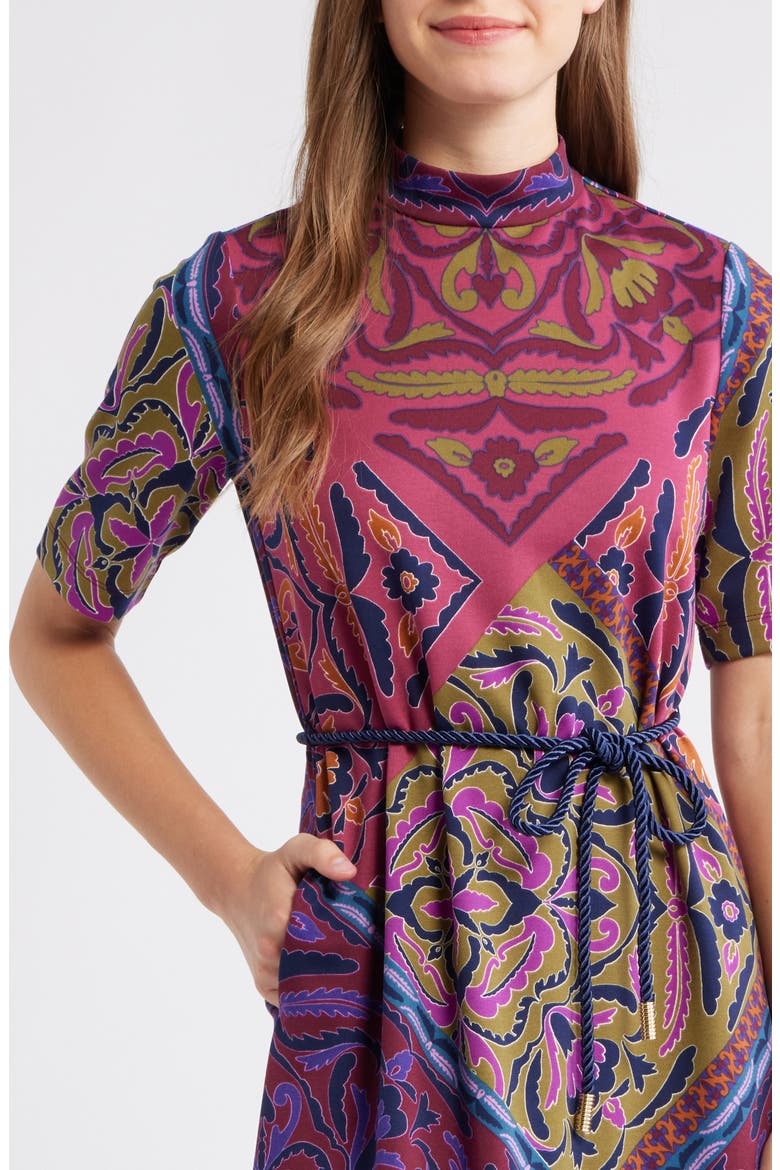 Print Tie Belt Midi Dress