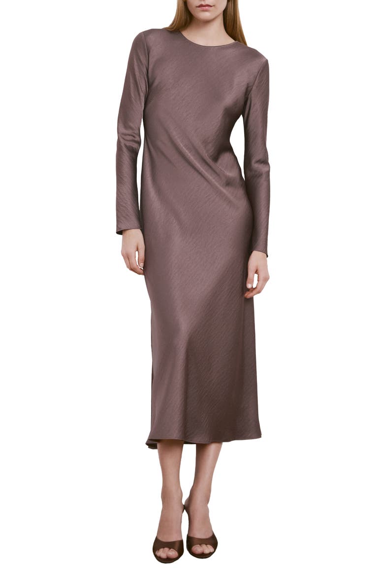 Long Sleeve Textured Satin Midi Dress
