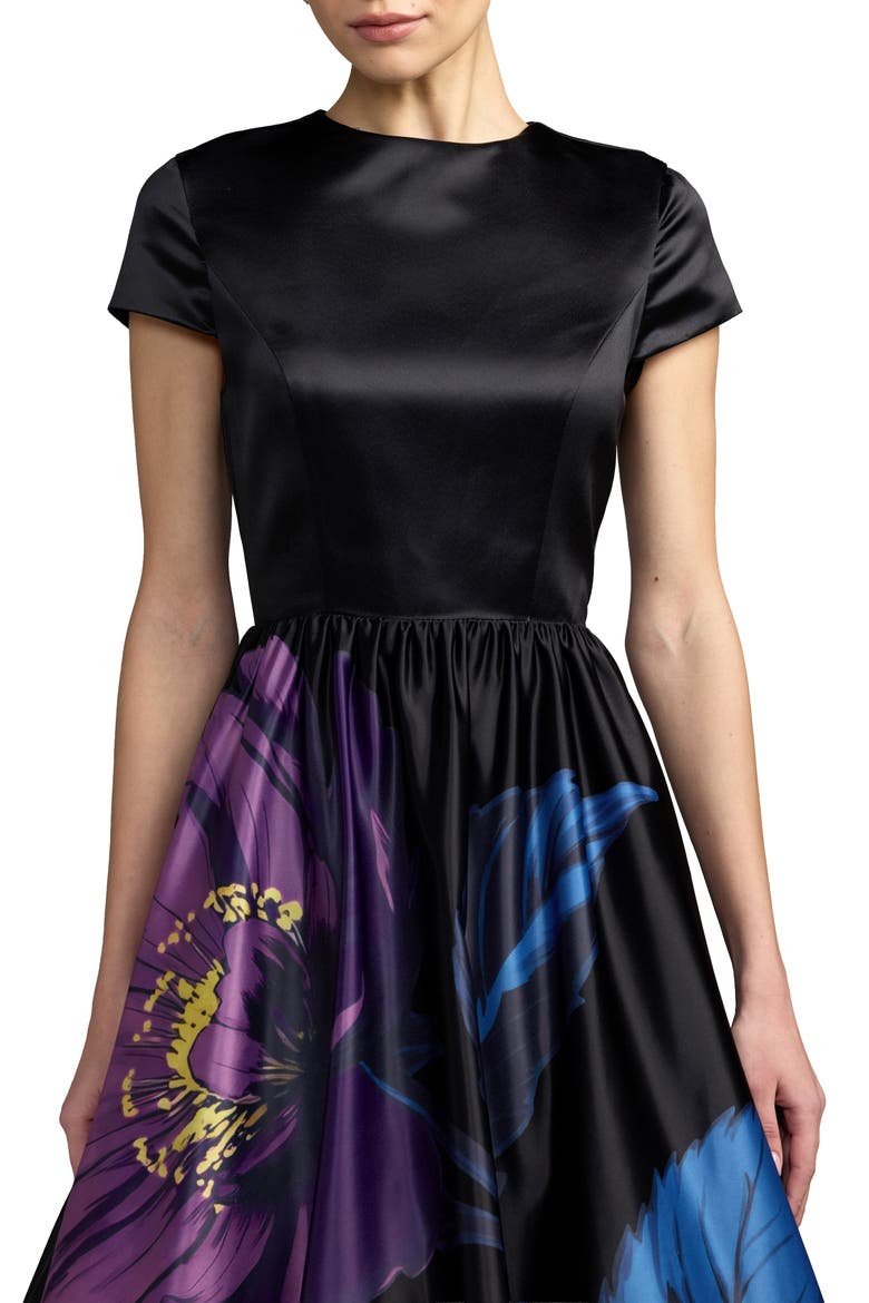 Satin Cap Sleeve Floral Printed A-Line Dress