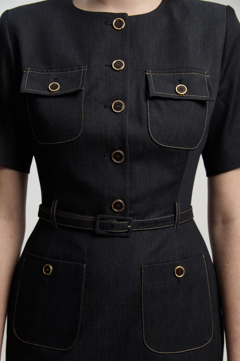Tailored Denim Belted Midi Dress