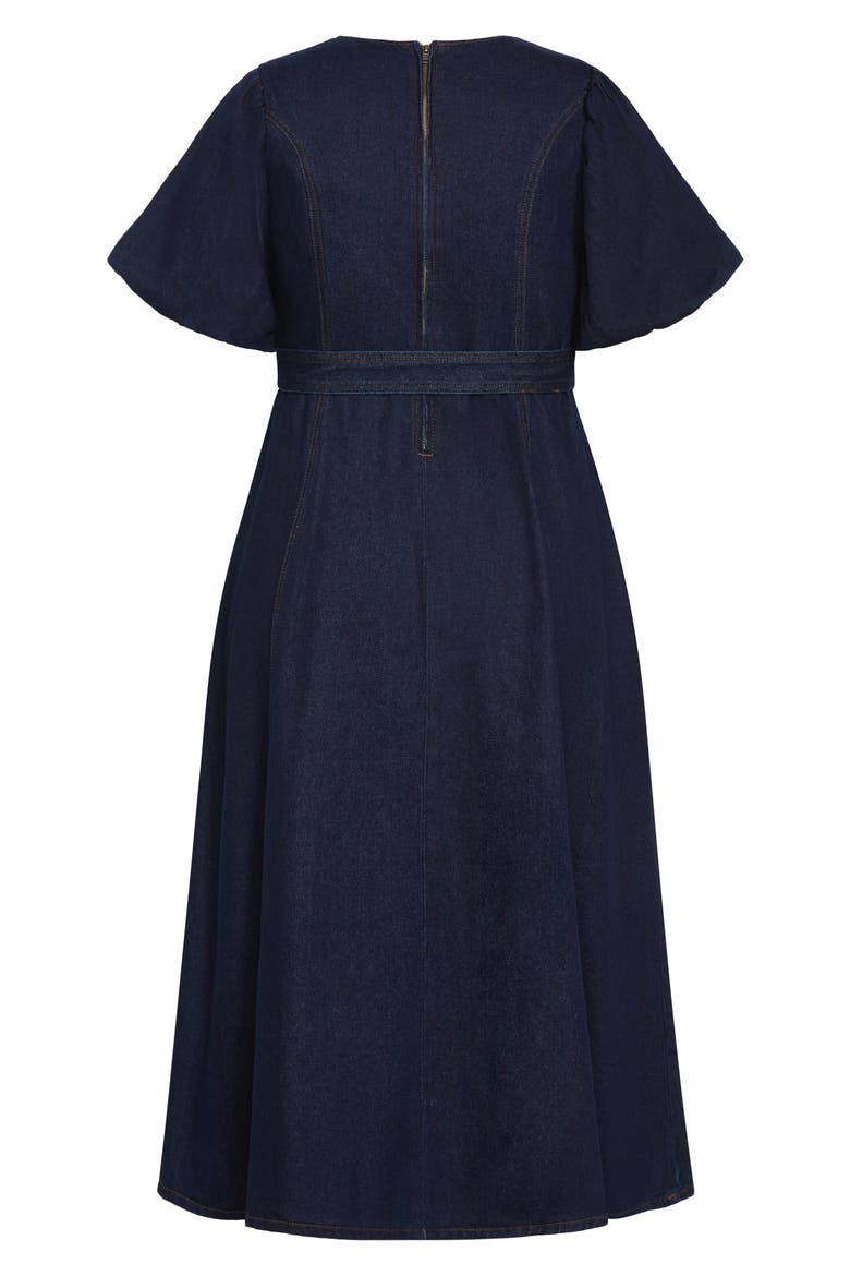 Sable Delilah Puff Sleeve Belted Denim Midi Dress