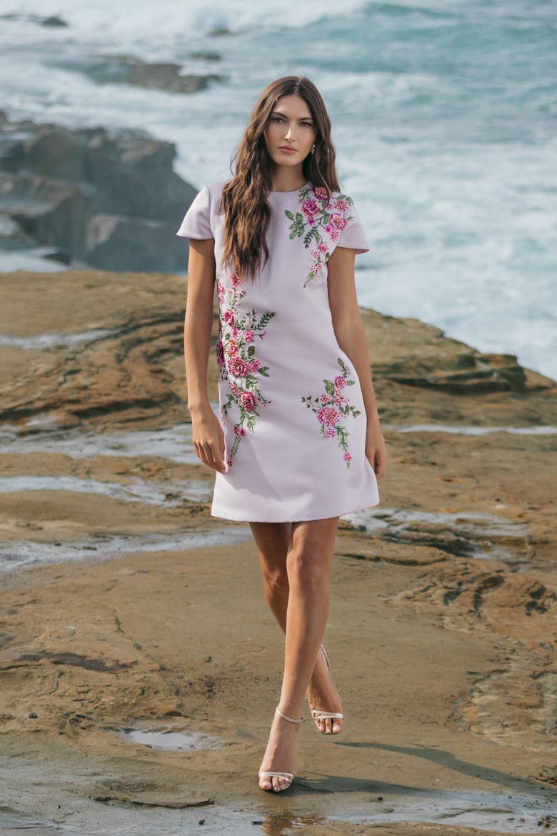 Women's Cap Sleeve Embroidered Satin Mini Dress