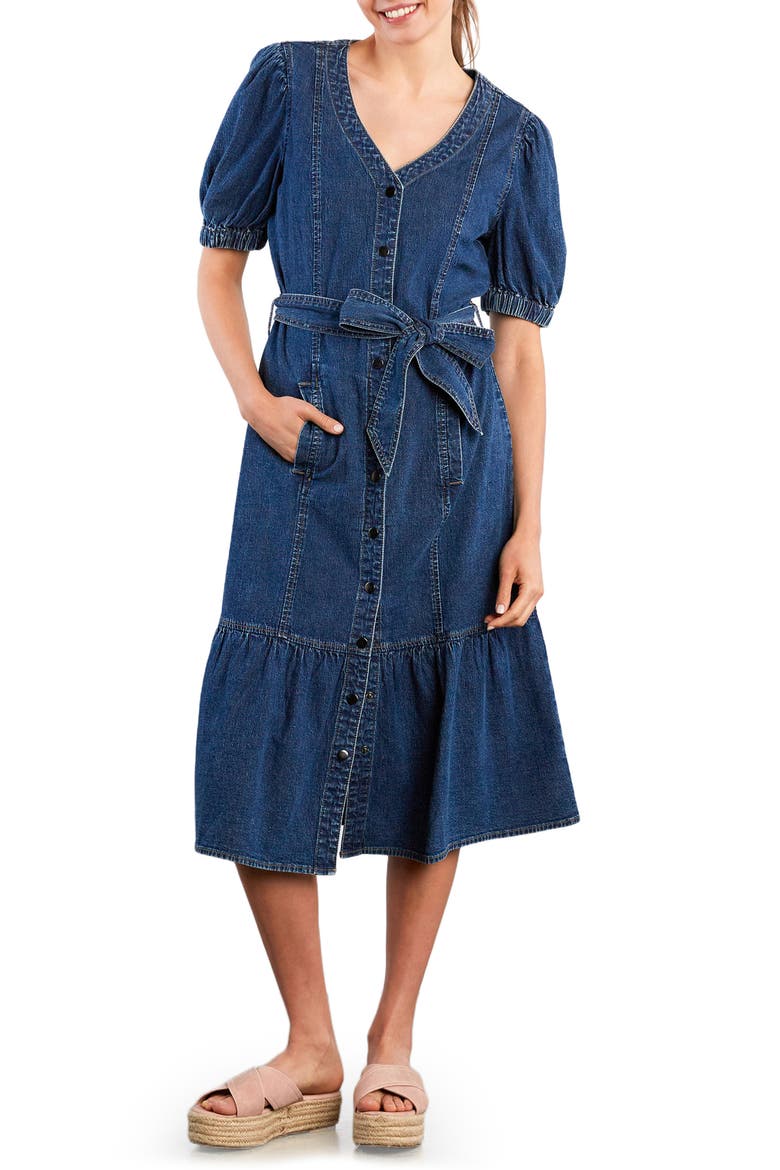 Ruffle Hem Tie Waist Denim Midi Dress
