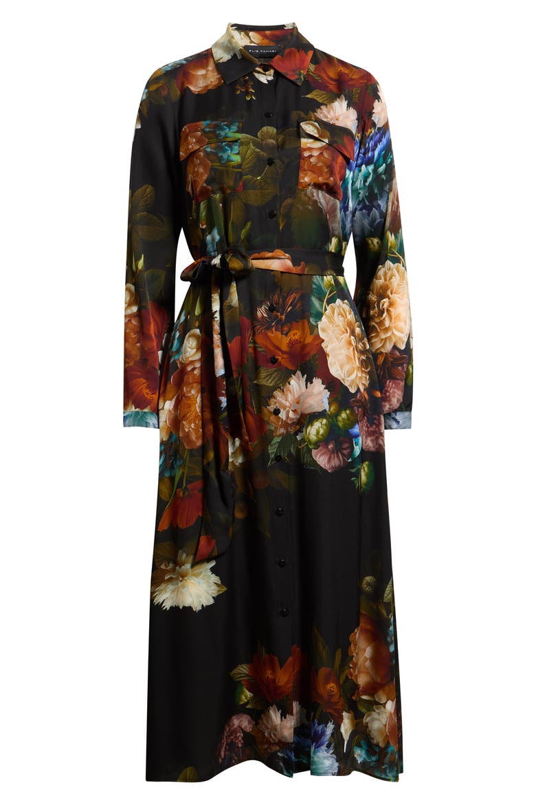The Kataleya Floral Long Sleeve Stretch Silk Midi Shirtdress