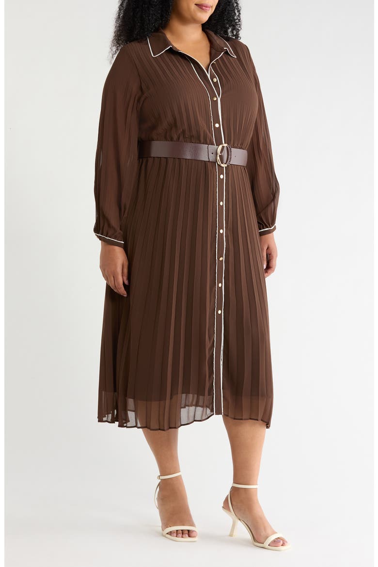 Piping Plissé Button-Up Midi Shirtdress