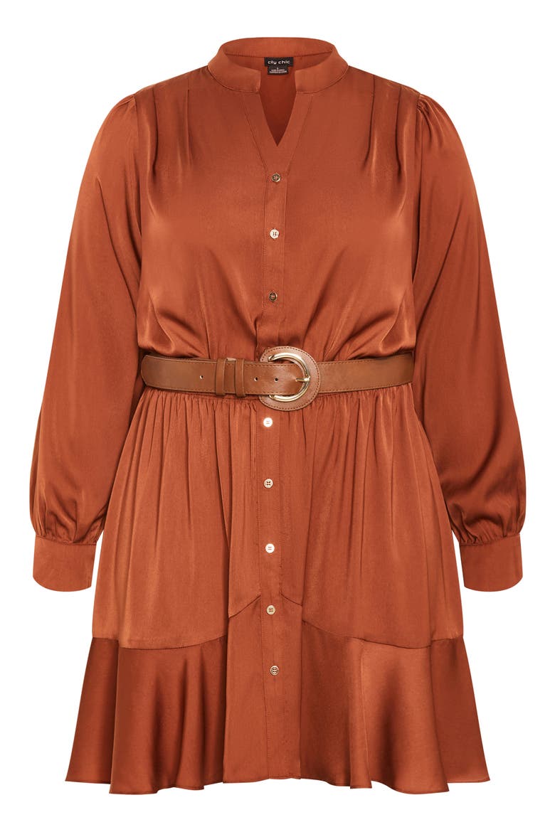 Oki Belted Long Sleeve Satin Shirtdress