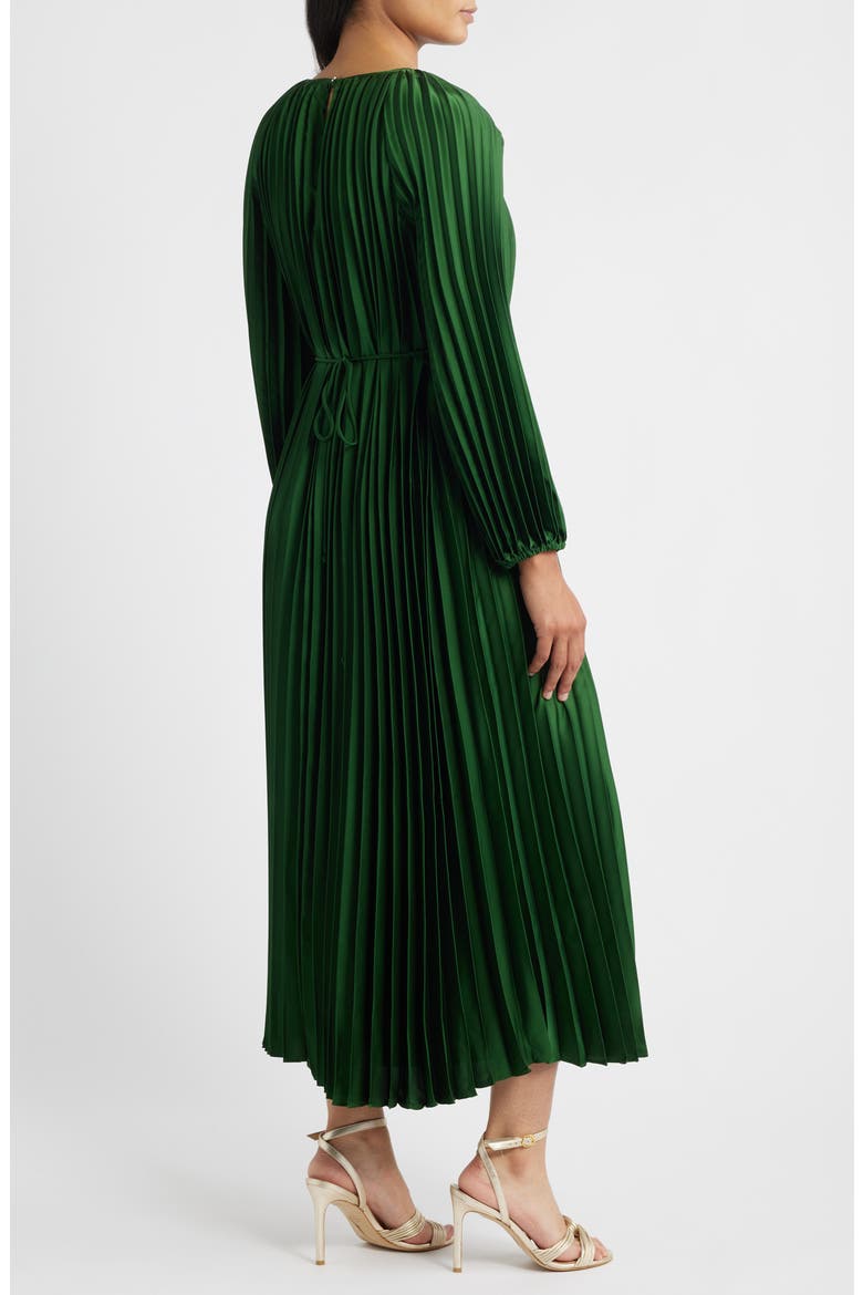 Pleated Long Sleeve Satin Midi Dress