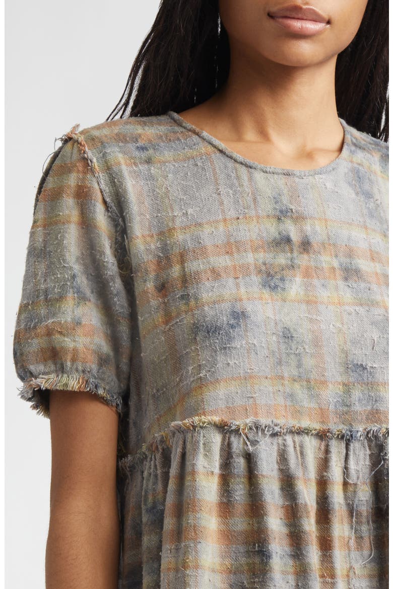 Plaid Shredded Relaxed Cotton Flannel Midi Dress