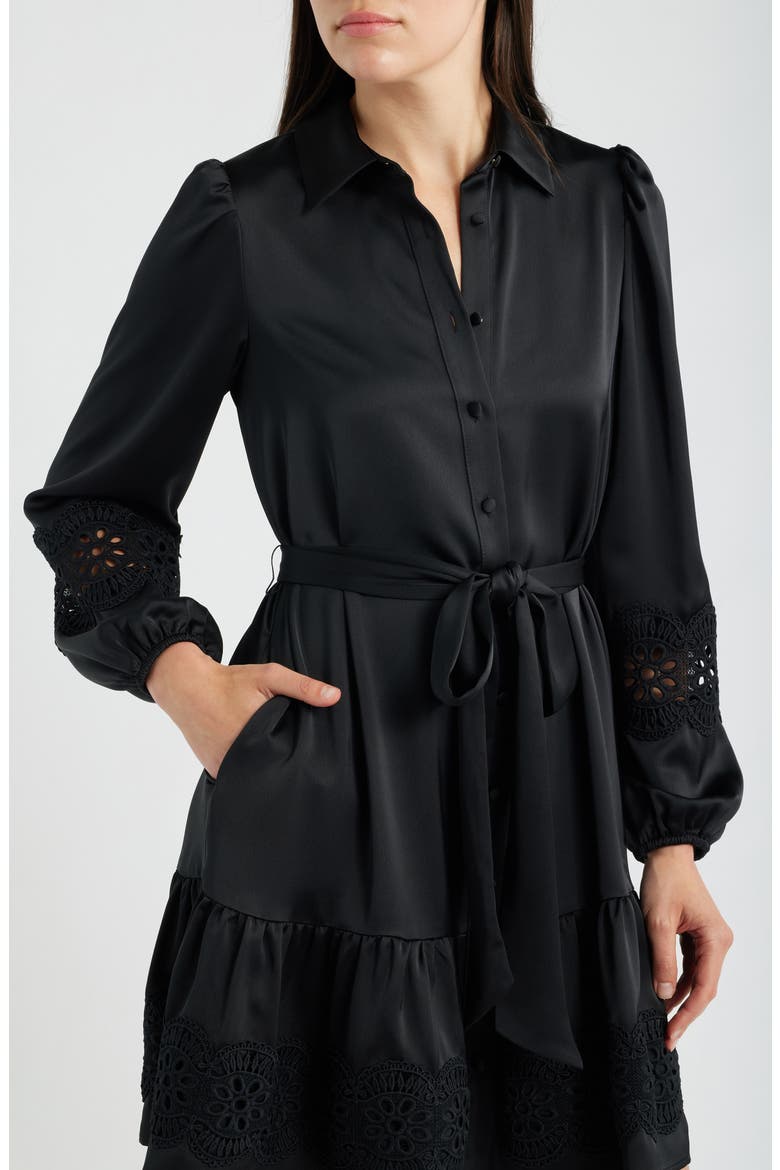 Lace Trim Long Sleeve Tie Belt Satin Shirtdress