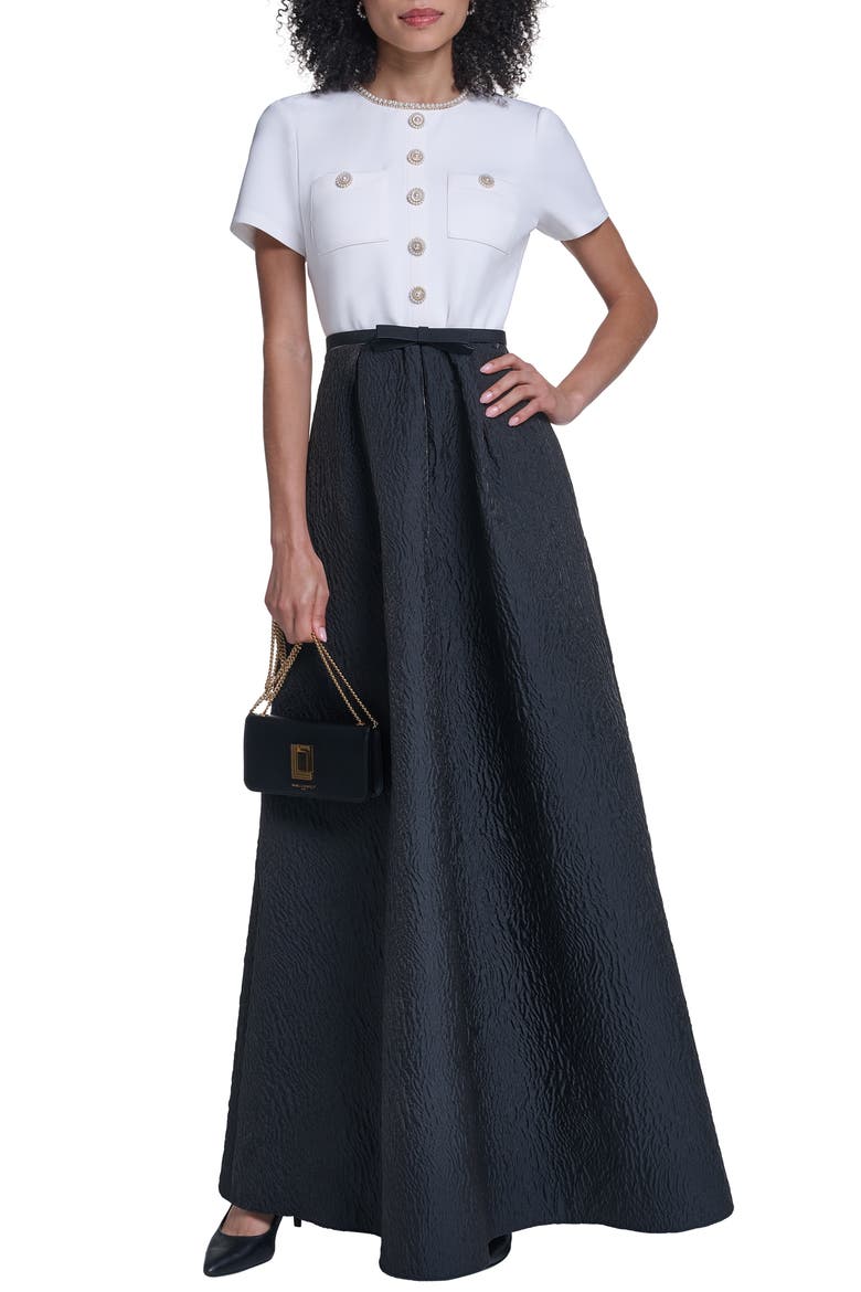 Mixed Media Short Sleeve A-Line Gown