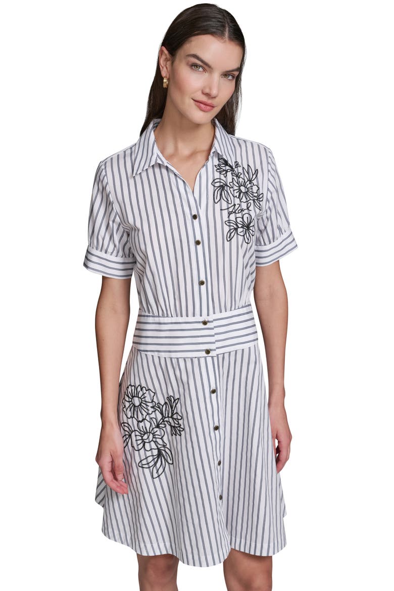 Floral Embroidery Detail Stripe Cotton Shirtdress