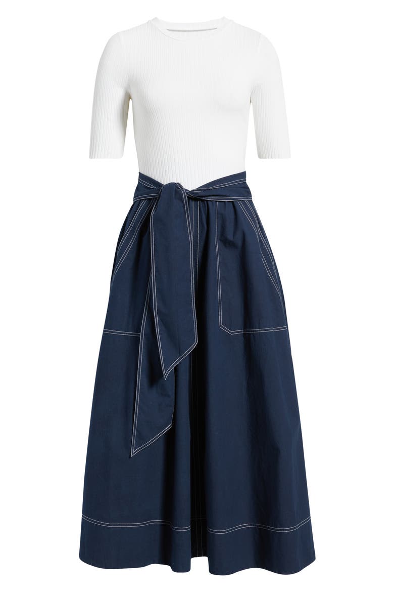 Mixed Media Tie Front Midi Dress