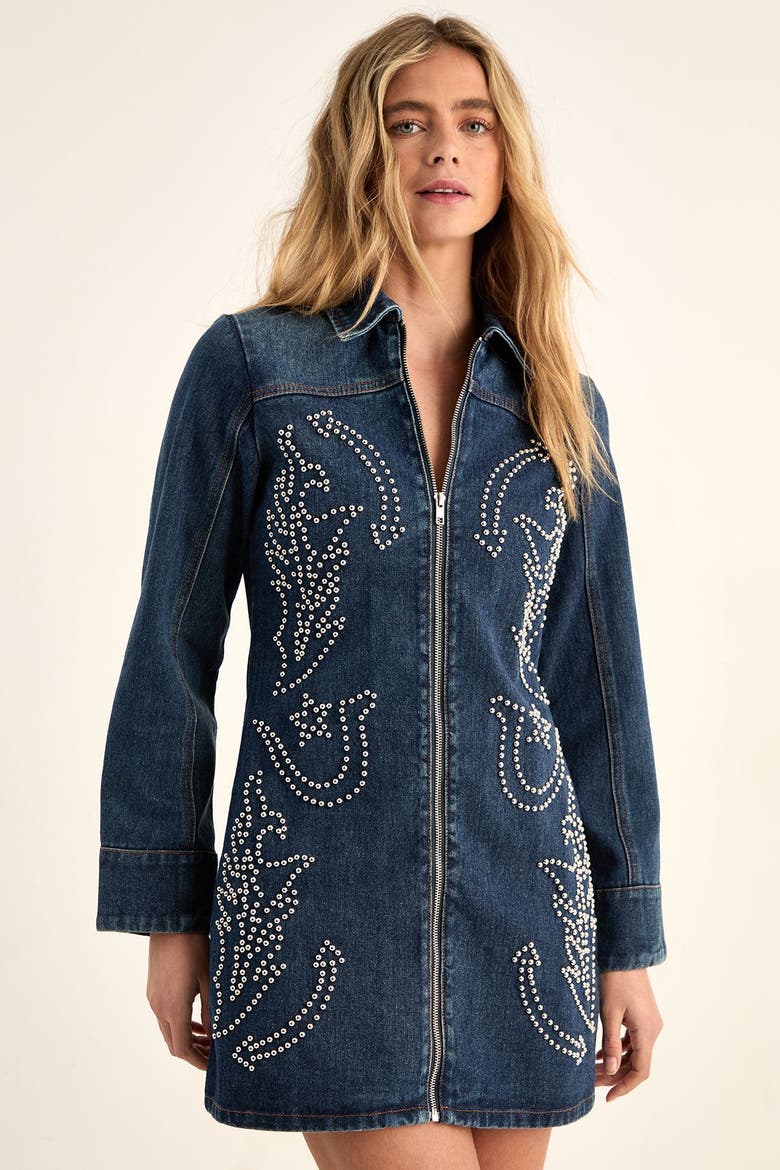 Studded Zip Front Denim Mini Dress