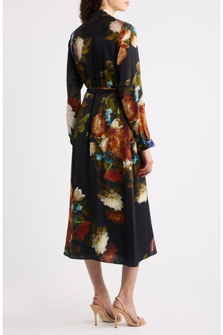 The Kataleya Floral Long Sleeve Stretch Silk Midi Shirtdress