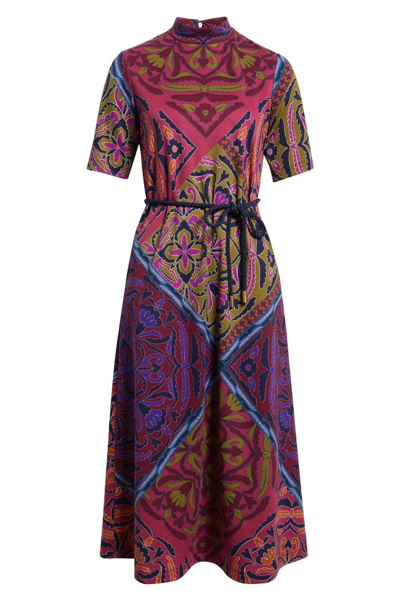 Print Tie Belt Midi Dress