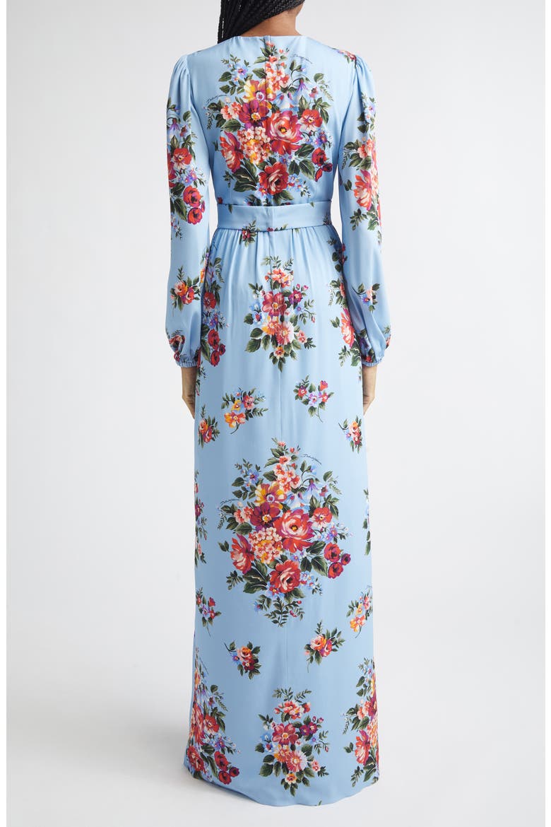 Flower Bouquet Print Long Sleeve Charmeuse Gown