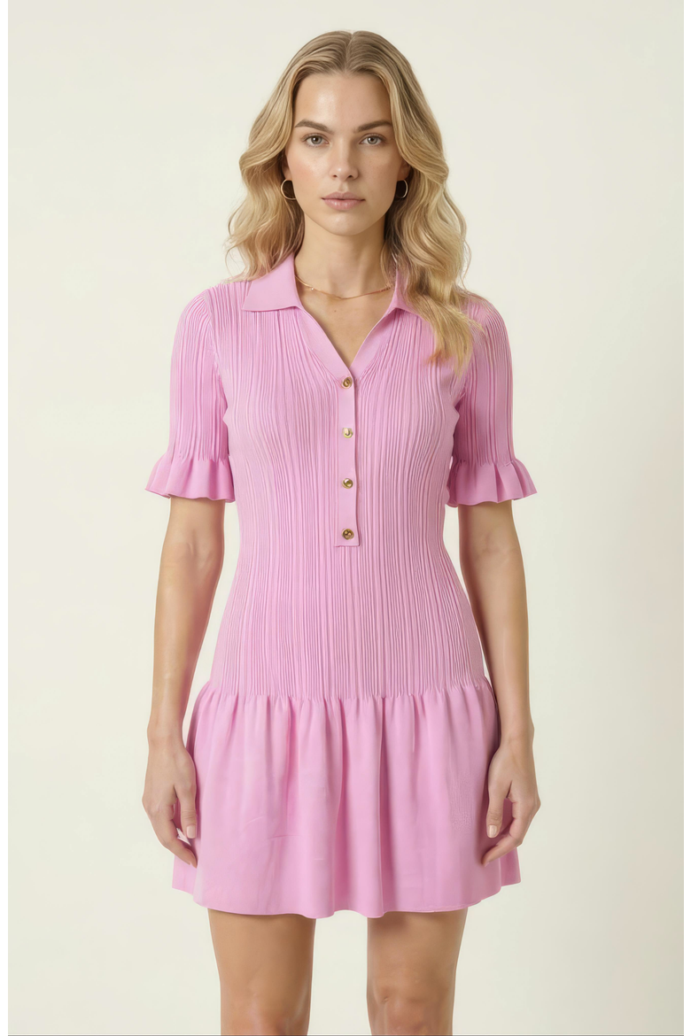 Pleated Mini Dress with Ruffle Hem and Button Front