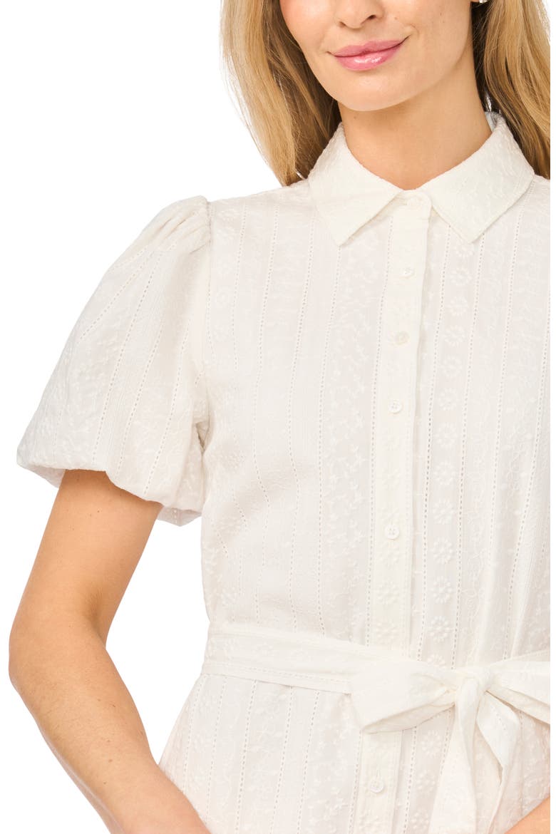 Embroidered Puff Sleeve Cotton Button-Up Shirtdress
