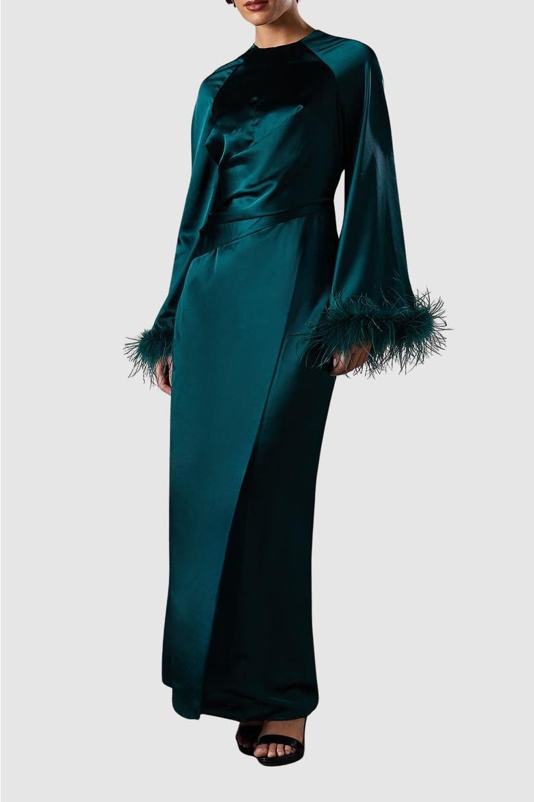 Long Sleeve Trim Satin Maxi Dress