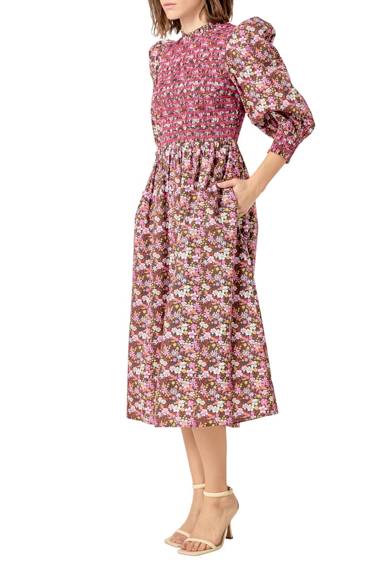 Floral Smock Bodice Midi Dress