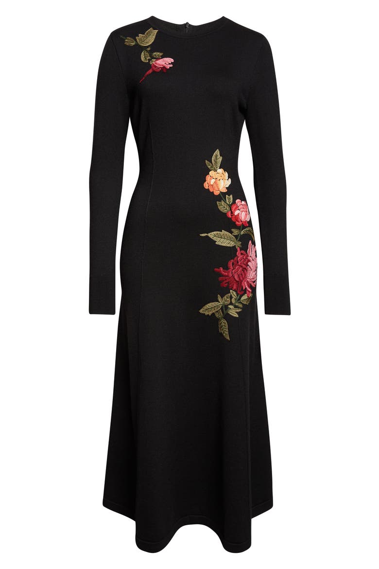 Chrysanthemum Embroidered Long Sleeve Jersey Midi Dress