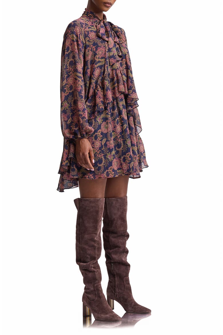 Paisley Print Long Sleeve Chiffon Tie Neck Dress