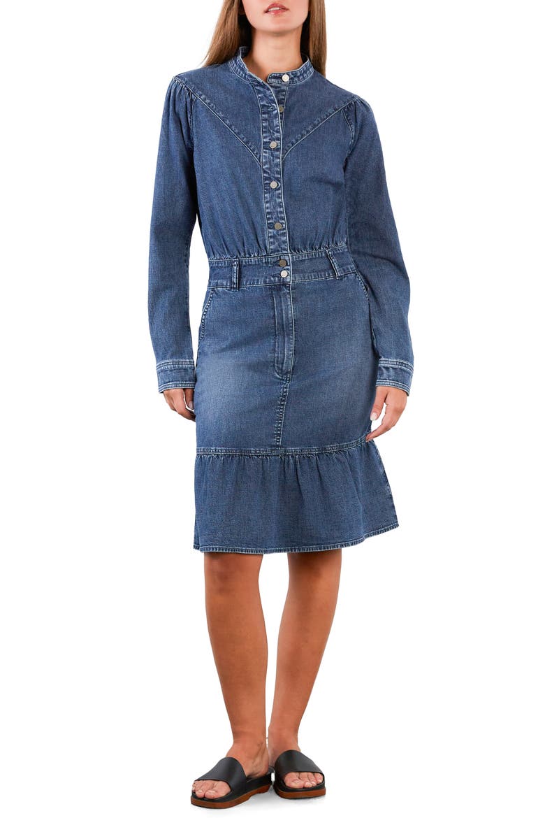 For A Stroll Ruffle Hem Long Sleeve Denim Dress