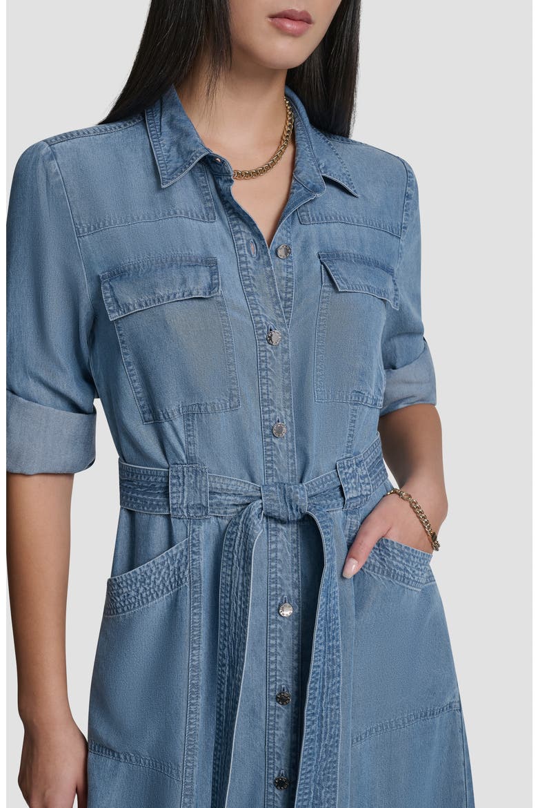 Tie Waist Roll Tab Chambray Midi Shirtdress