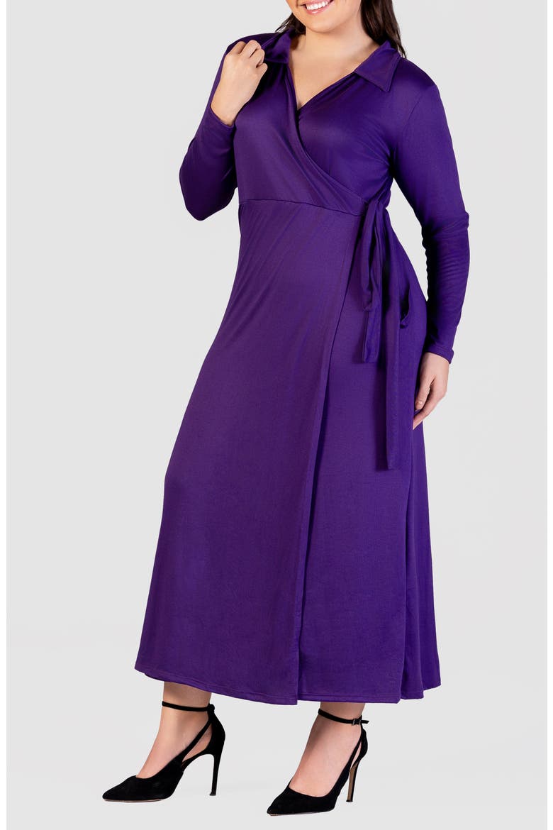 Collared Long Sleeve Wrap Front Maxi Dress