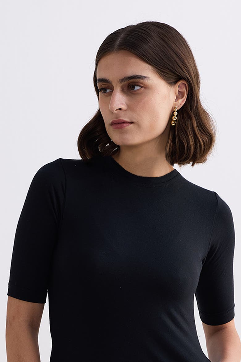 High Crew Neck Fitted Dress with Elbow Sleeves