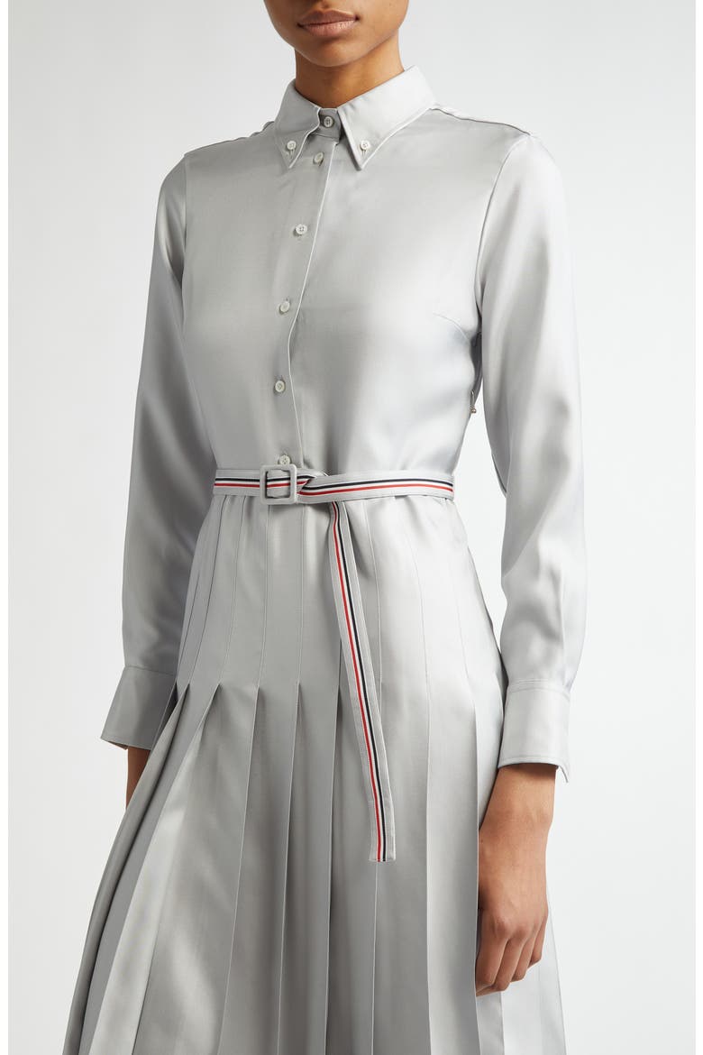 Long Sleeve Pleated Silk Midi Shirtdress