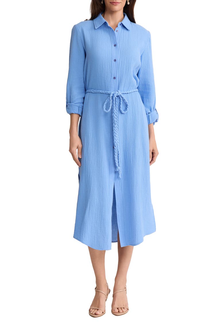 Braided Belt Long Sleeve Cotton Gauze Midi Shirtdress