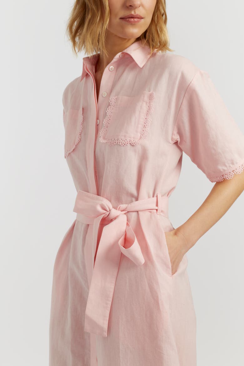 Linen-Blend Scallop Shirt Dress