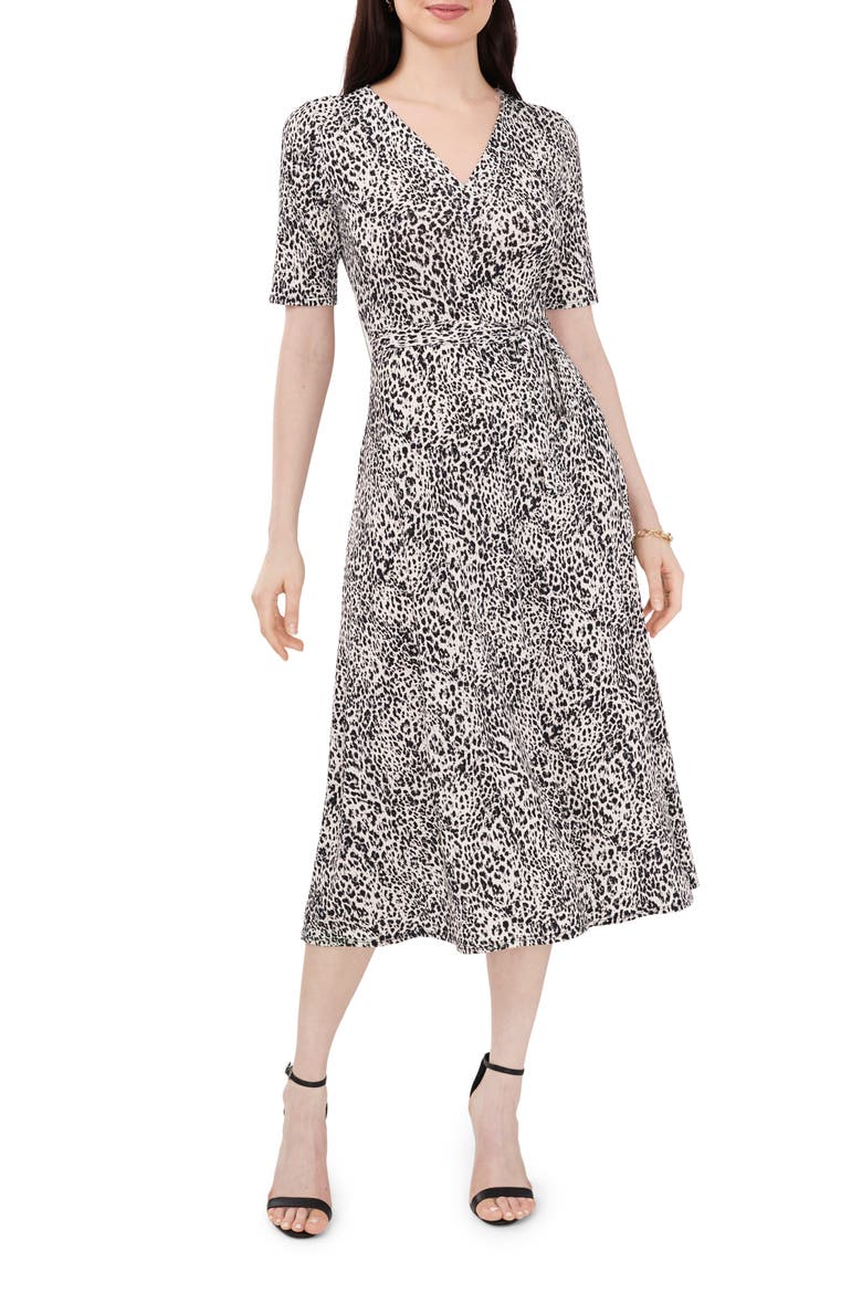 Animal Print Belted Faux-Wrap Midi Dress