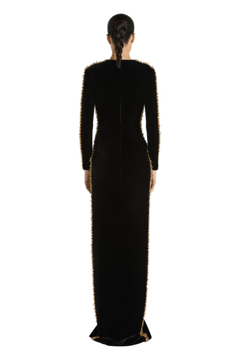 Long Velvet Dress with Embroidered Trim